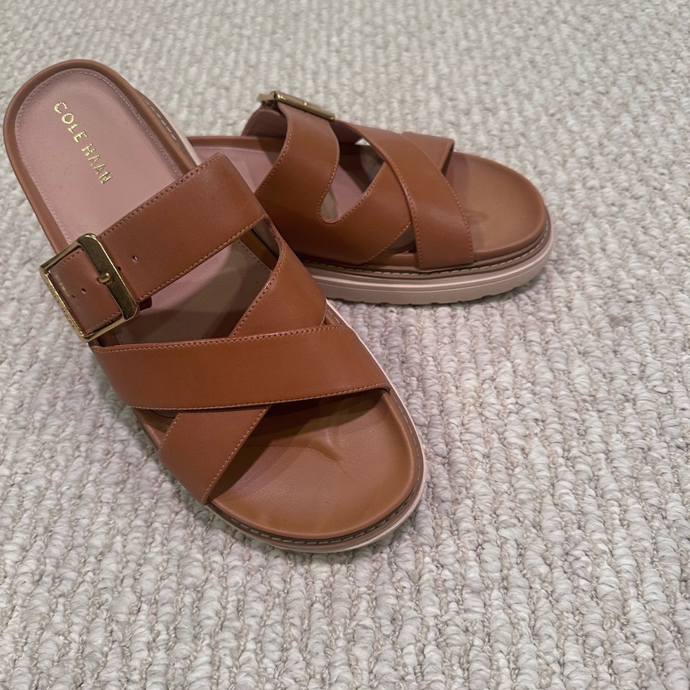 Cole Haan Brown Leather Cross-Strap Slide Sandals with Buckle